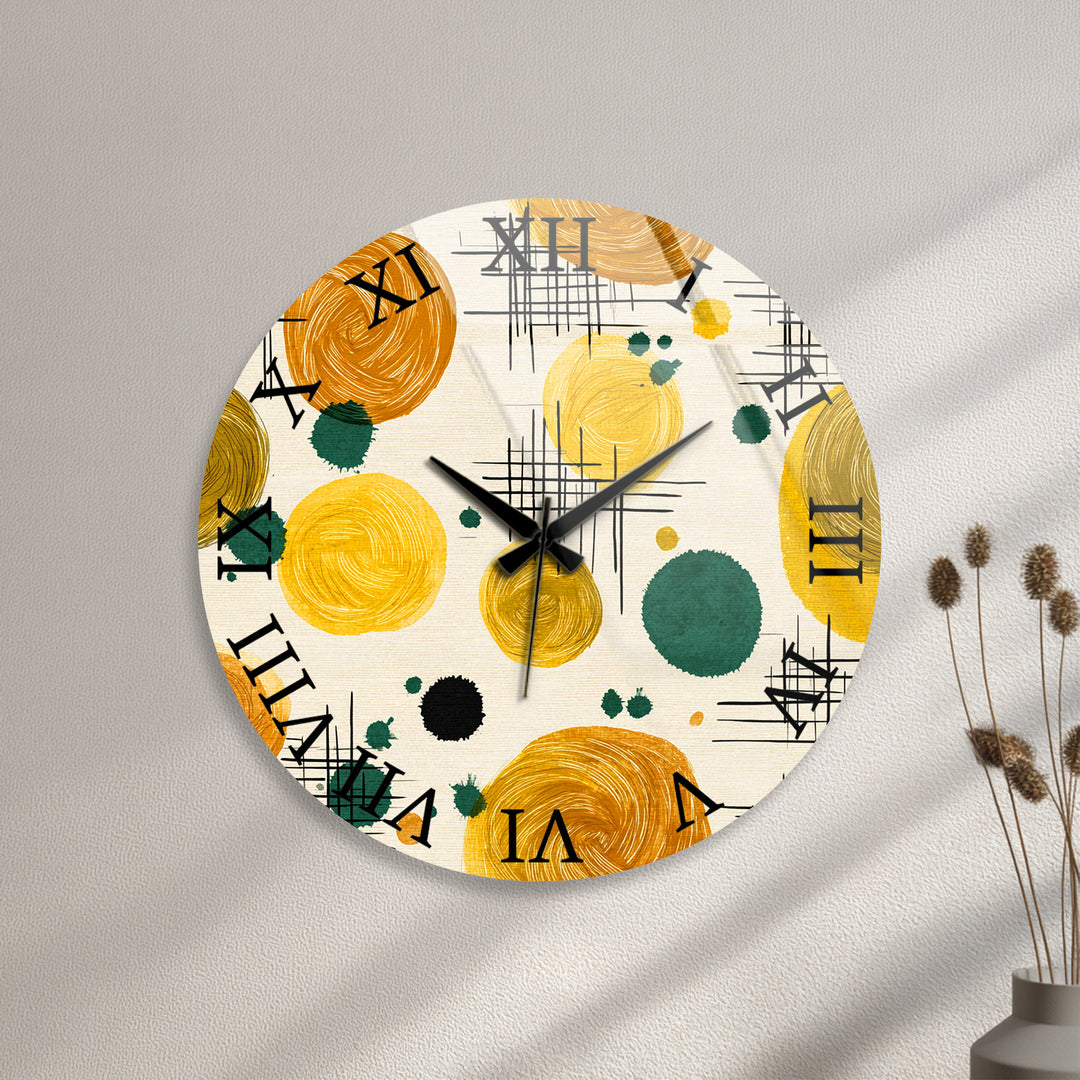 Mustard Yellow Glass Wall Clock – Retro Abstract Circle Art