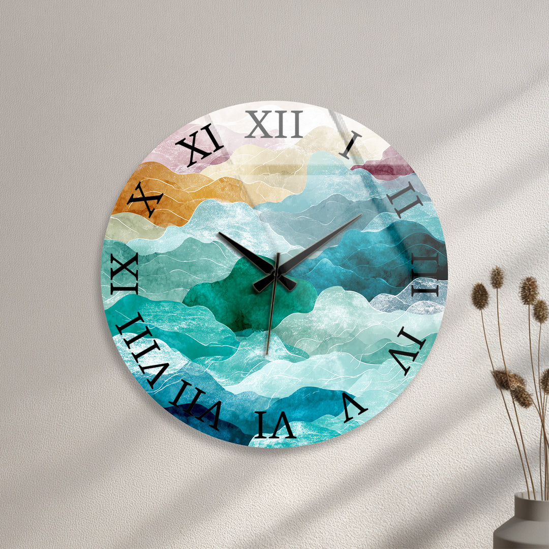 Abstract Mountain Glass Wall Clock – Teal Boho Landscape Decor