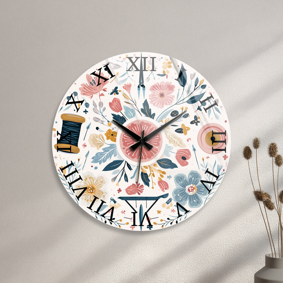 Floral Sewing Glass Wall Clock – Craft Room Decor