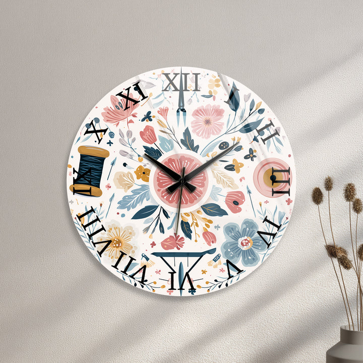 Floral Sewing Glass Wall Clock – Craft Room Decor