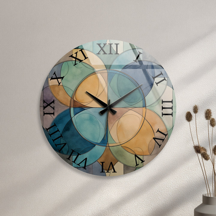 Teal Geometric Glass Wall Clock – Mid Century Abstract Decor