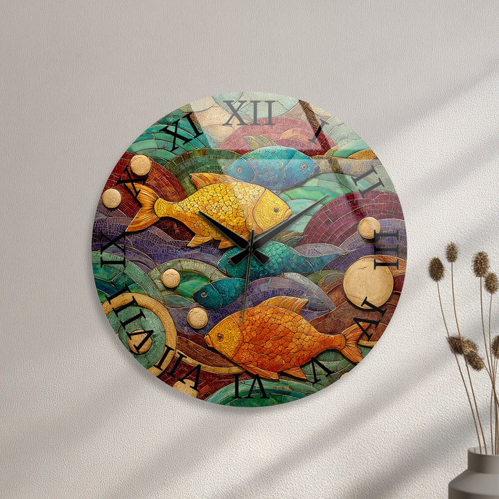 Colorful Fish Glass Wall Clock – Coastal Mosaic Art Decor