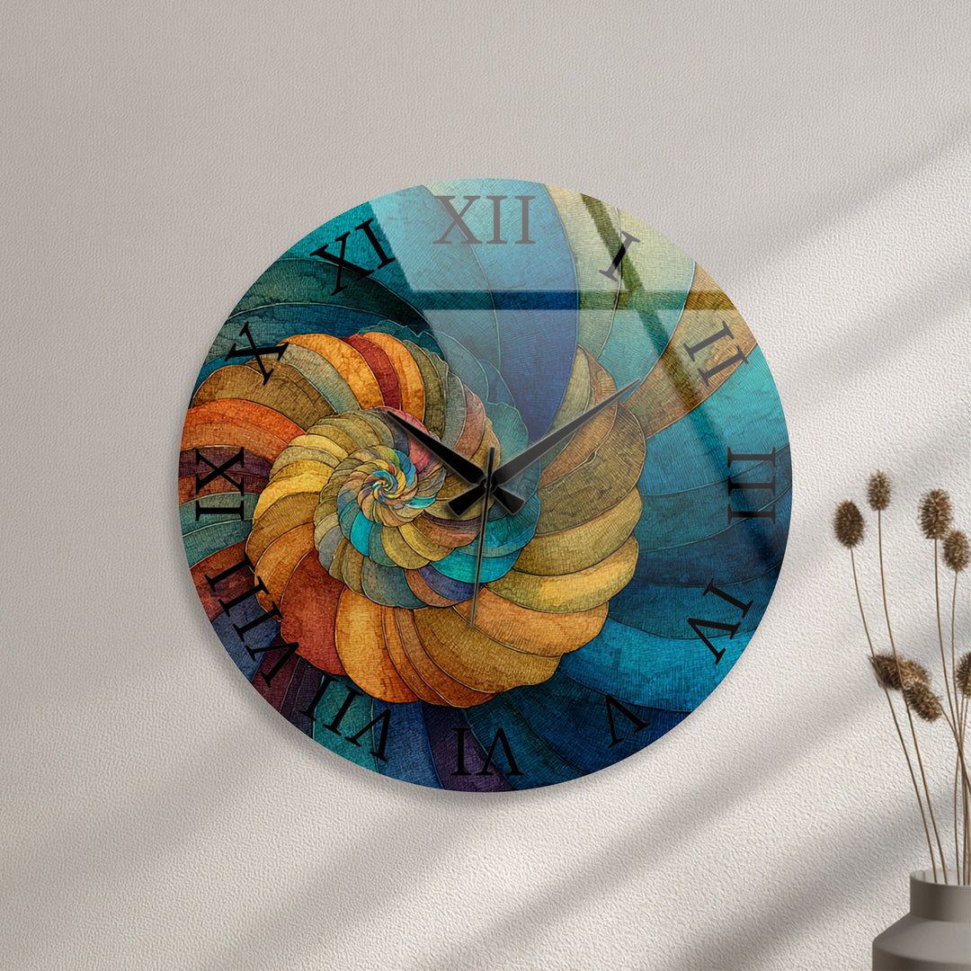 Abstract Spiral Glass Wall Clock – Teal and Gold Swirl Art