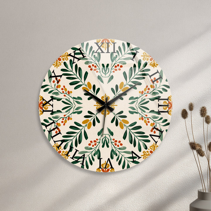 Botanical Glass Wall Clock – Green Leaf Farmhouse Decor