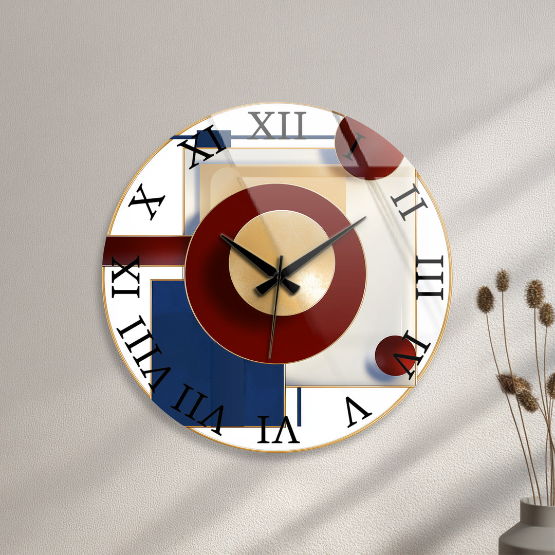 Burgundy and Navy Glass Wall Clock – Modern Geometric Gold Art