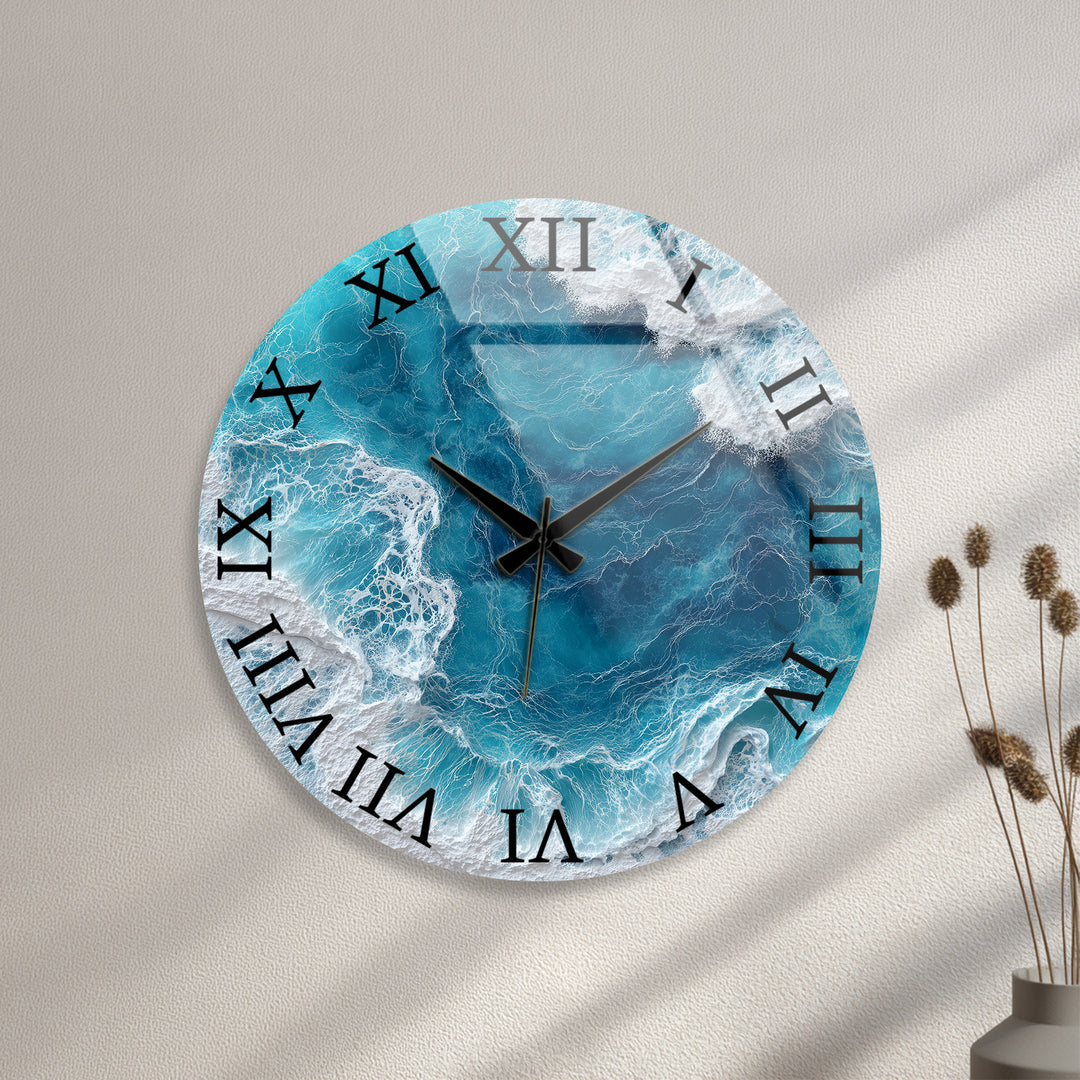 Ocean Waves Glass Wall Clock – Blue Coastal Beach House Decor