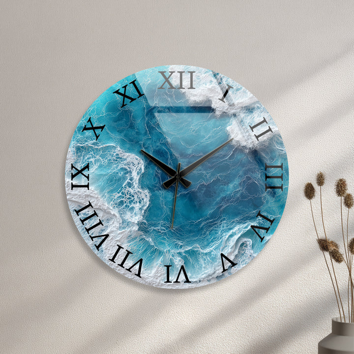 Ocean Waves Glass Wall Clock – Blue Coastal Beach House Decor