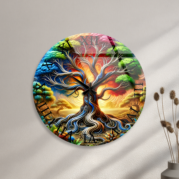 Colorful Tree of Life Glass Wall Clock – Fantasy Nature Decor