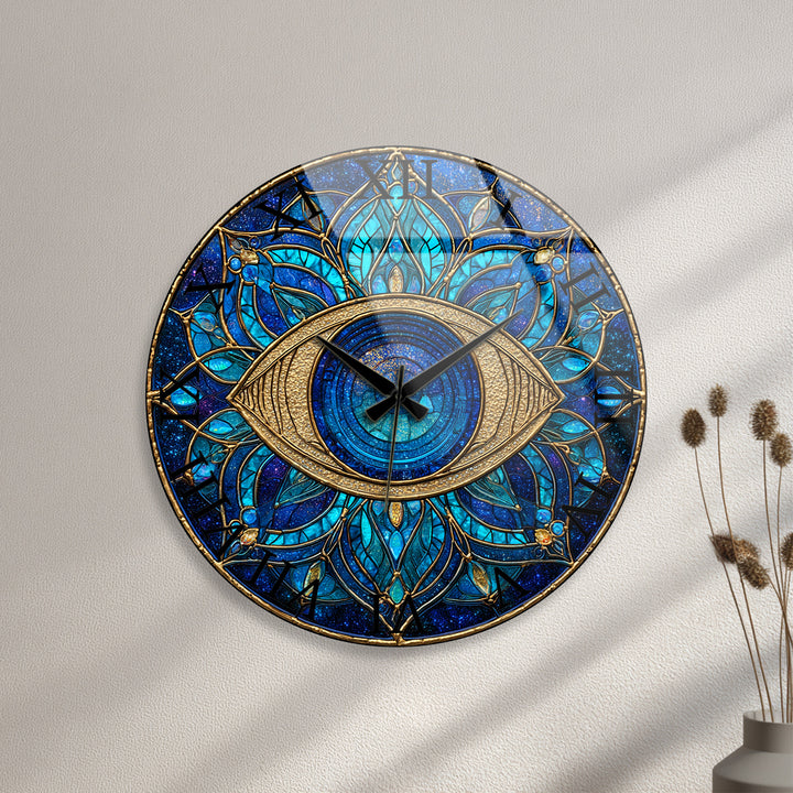 Evil Eye Glass Wall Clock – Blue Mandala Wall Decor