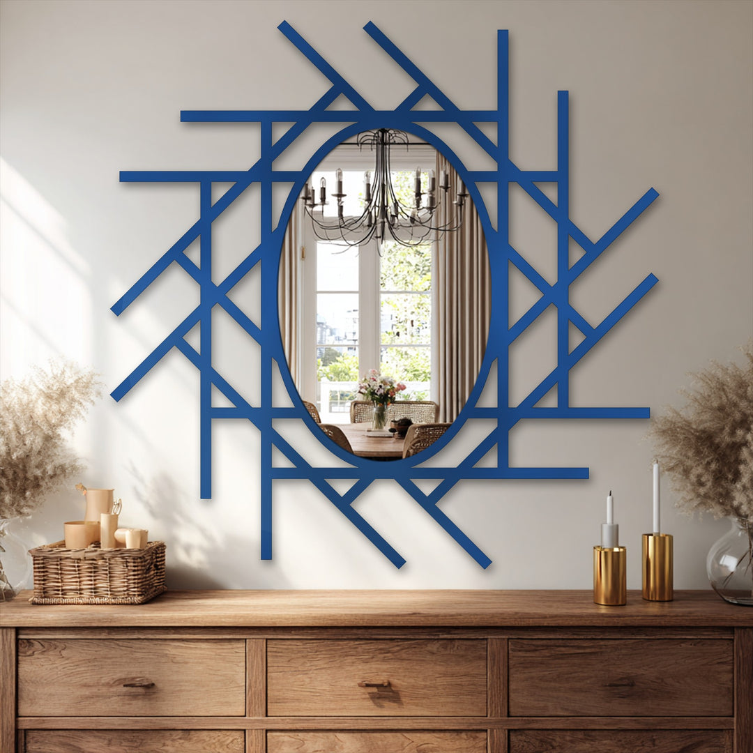 Intricate surface texture highlights the abstract linear grid of this decorative mirror, enhancing the overall aesthetic of this metal art for wall piece.