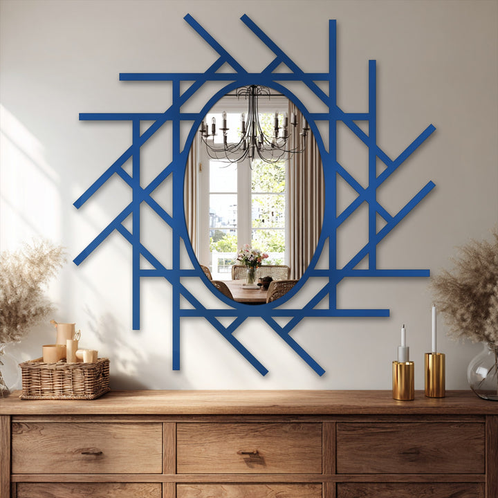Intricate surface texture highlights the abstract linear grid of this decorative mirror, enhancing the overall aesthetic of this metal art for wall piece.