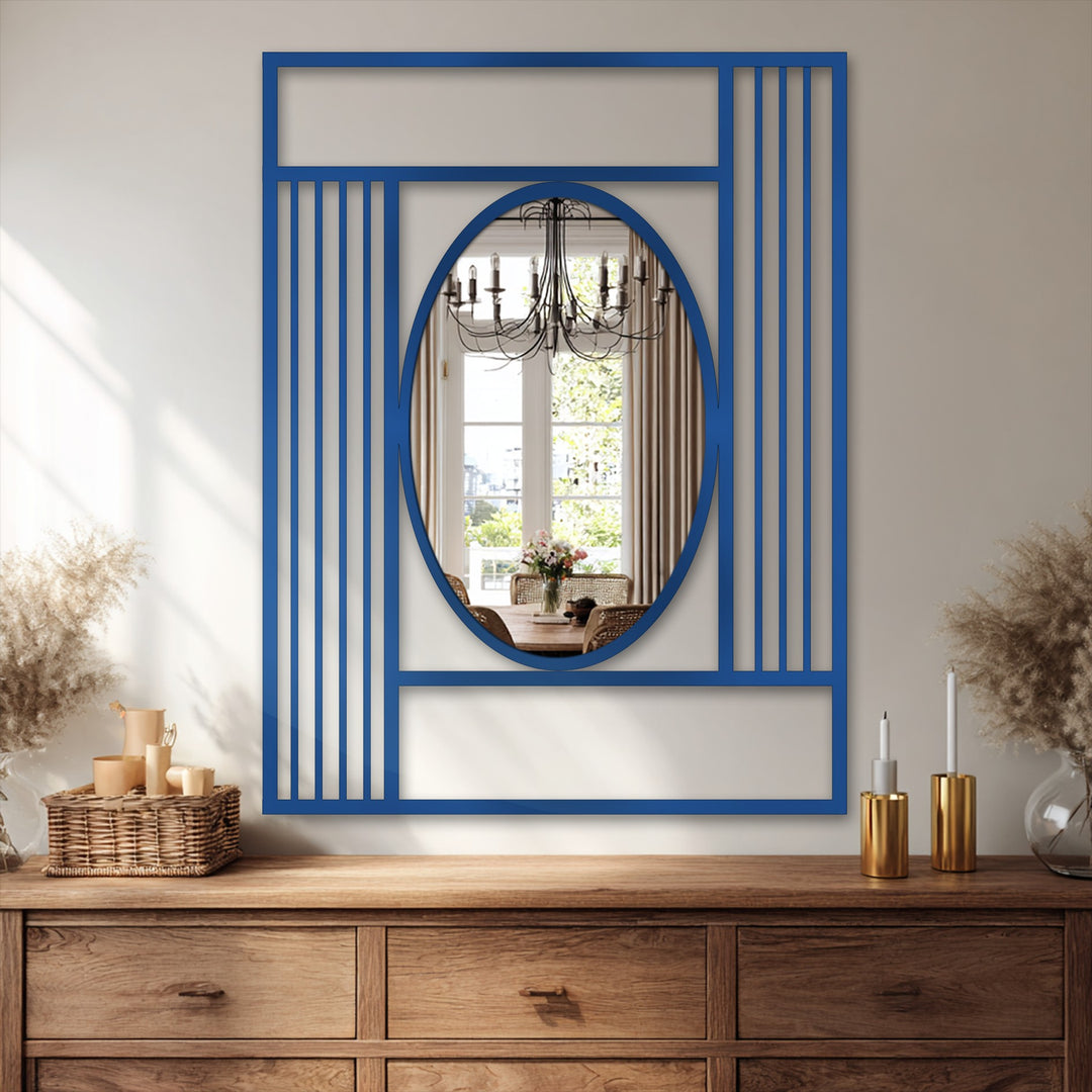 Bold blue finish highlighting a modern grid frame on this oval floor mirror adds a pop of color to your decorating with wall mirrors aesthetic.