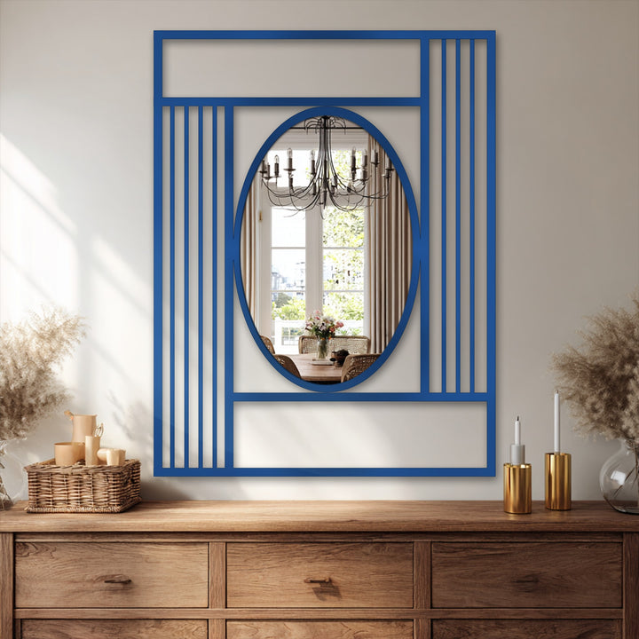 Bold blue finish highlighting a modern grid frame on this oval floor mirror adds a pop of color to your decorating with wall mirrors aesthetic.