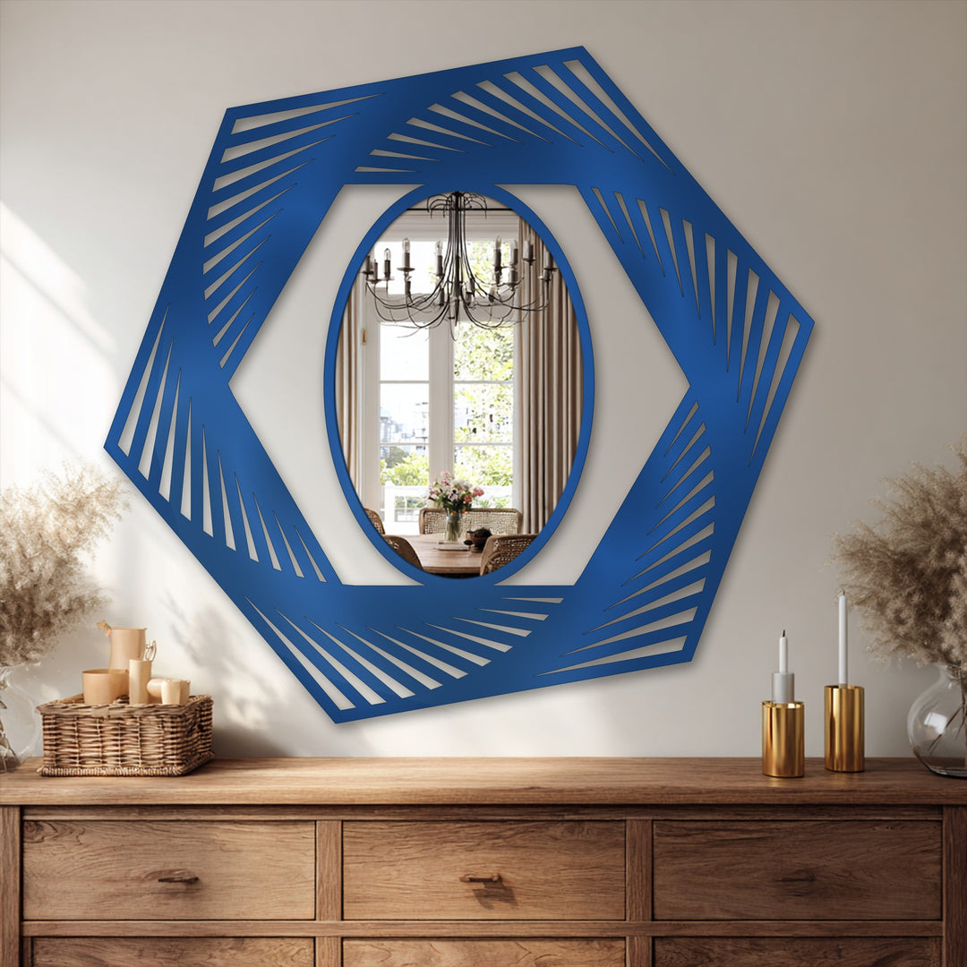 Shadowed areas accentuate the geometric details of the dynamic hexagon illusion, framing the oval decorative mirror on the wooden dresser.