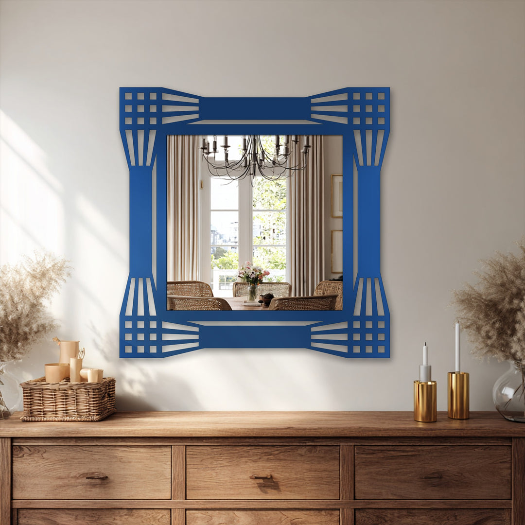 Cobalt geometric frame provides a bold contrast against the subtle wall colors, enhancing this modern architectural grid square decorative mirror and the surrounding space's decoration wall art.