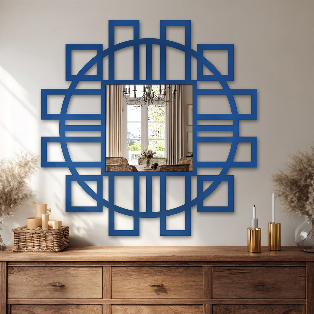 Finished in a striking cobalt, this geometric fusion square floor mirror features a bold circular frame accent in a style reminiscent of metal art for wall decor.