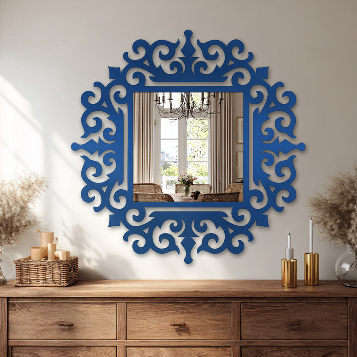 Azure stained glass wall mirror features an ornate baroque frame with a scrolling design, adding a vibrant focal point to any room.