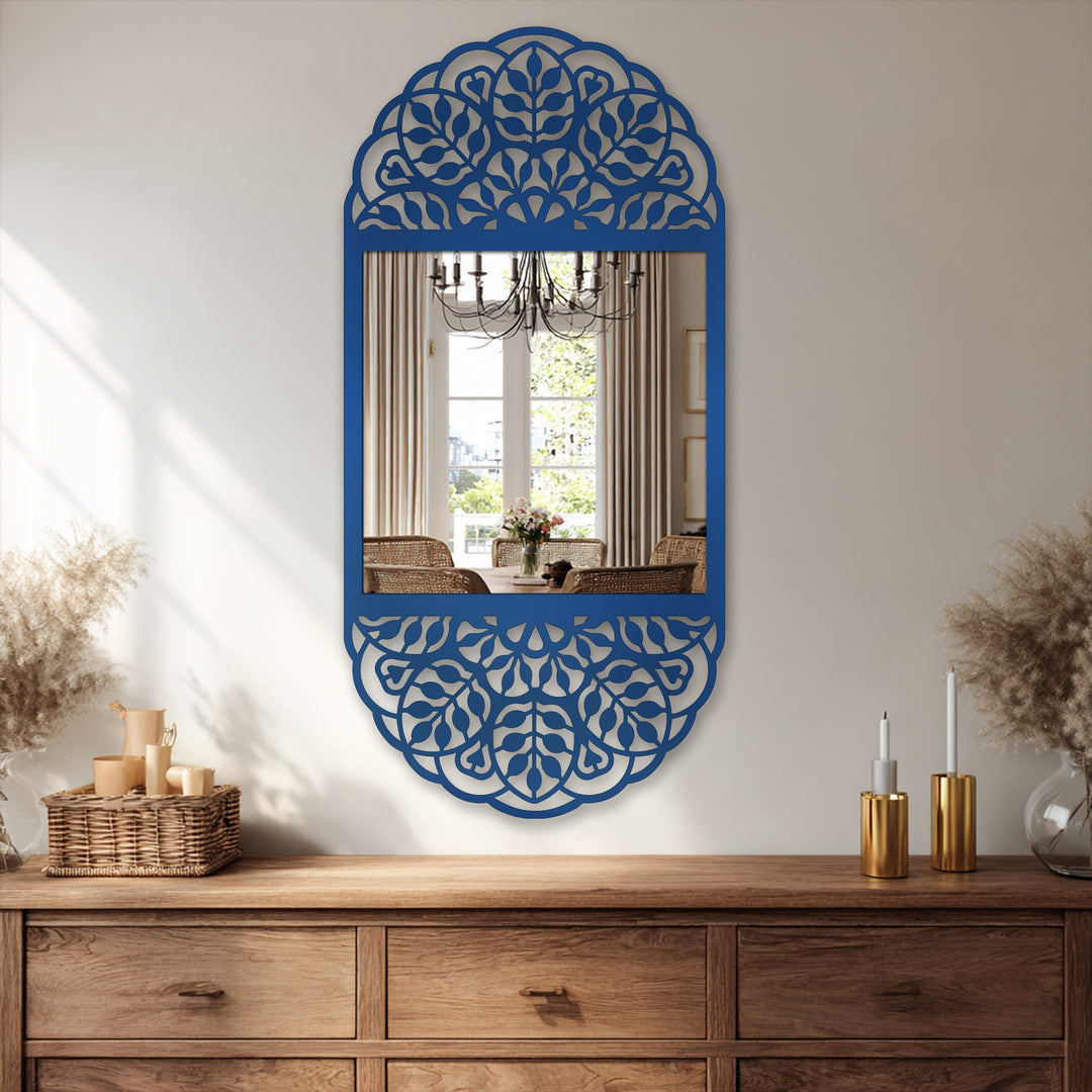 Highlighting the layering effect, this ornamental framed floor length decorative mirror showcases a unique metal wall art floral mandala pattern.