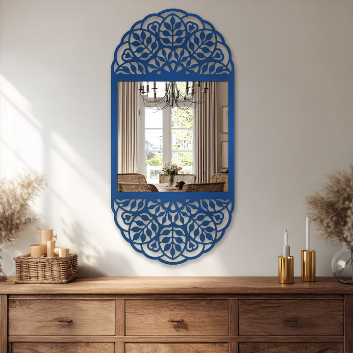 Highlighting the layering effect, this ornamental framed floor length decorative mirror showcases a unique metal wall art floral mandala pattern.