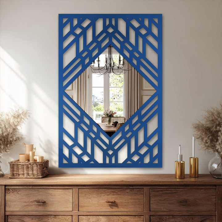 Vertically oriented rectangular art deco diamond floor bathroom mirror features a bold geometric layered line frame.