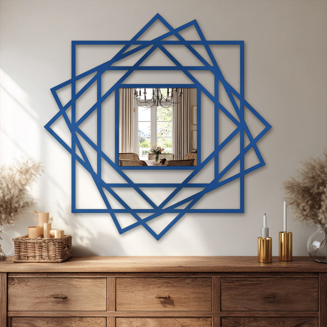 Brightest light illuminates the framed reflection in this layered geometric square decorative mirror featuring abstract lines, creating depth and interest.