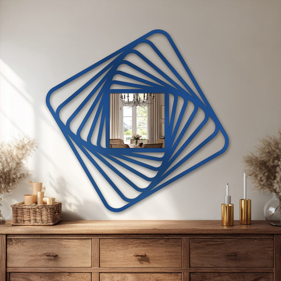 Square-shaped modern wall mirrors present a uniquely twisting spiral orientation within the dynamic frame, offering a captivating reflection.