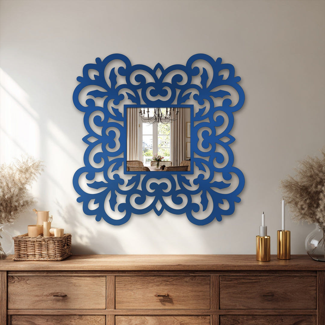 Focal point is this ornate mirror showcasing the decorative metal art for wall in a captivating floral scroll frame, adding a touch of elegance to any room.