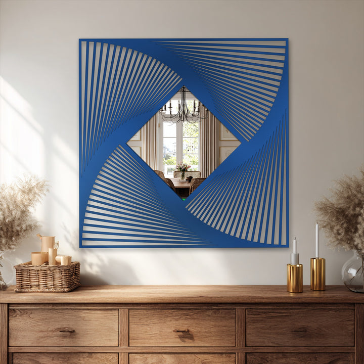 Intriguing modern mirror shows the radial line art frame and diamond-shaped center, lending an artistic depth as a striking piece of home decoration.