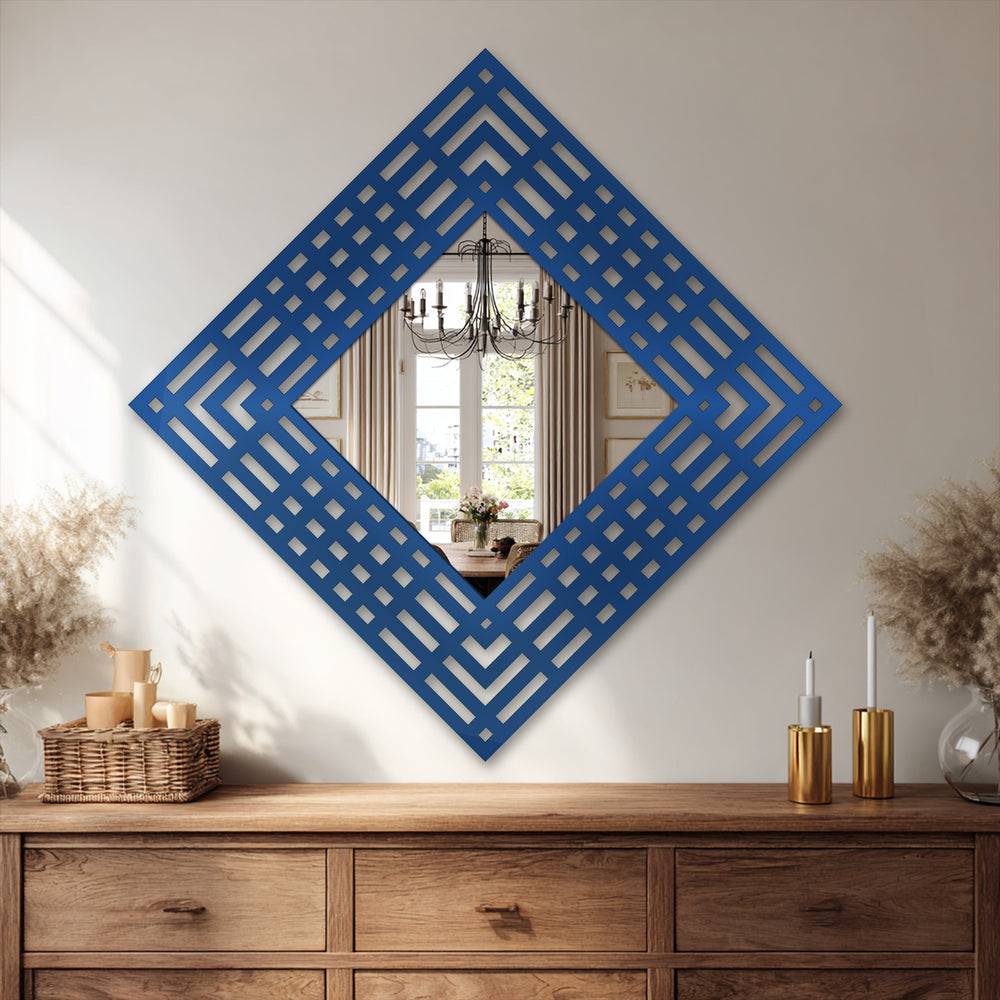 Highlighting the abstract quality, the modern geometric frame reveals the depth of this layered grid diamond stained glass wall mirror.
