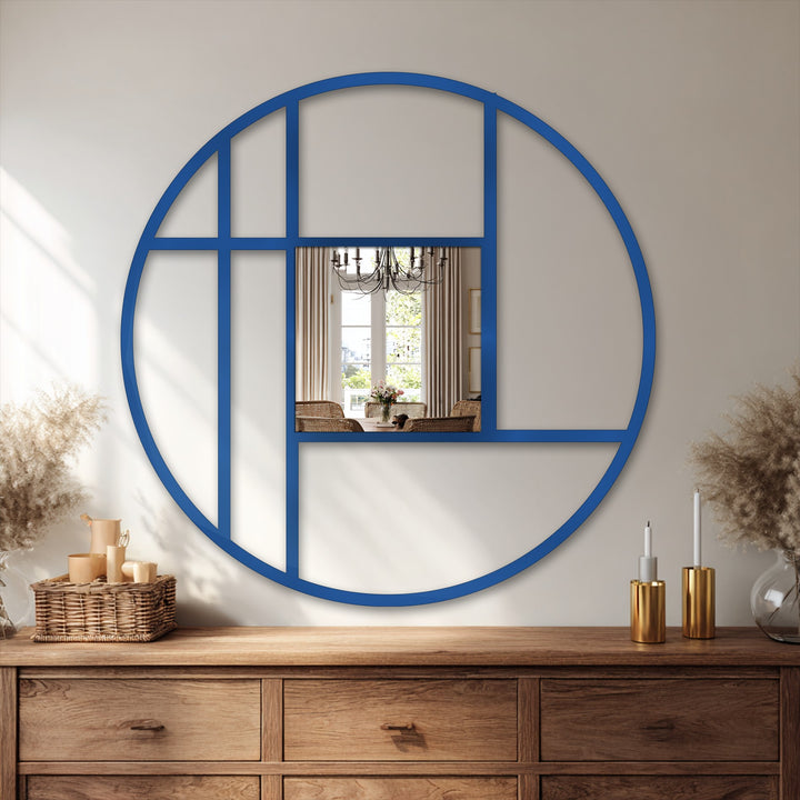 Geometric circle frame highlights the beauty of this modern mirror, creating a stunning focal point with its unique reflection.