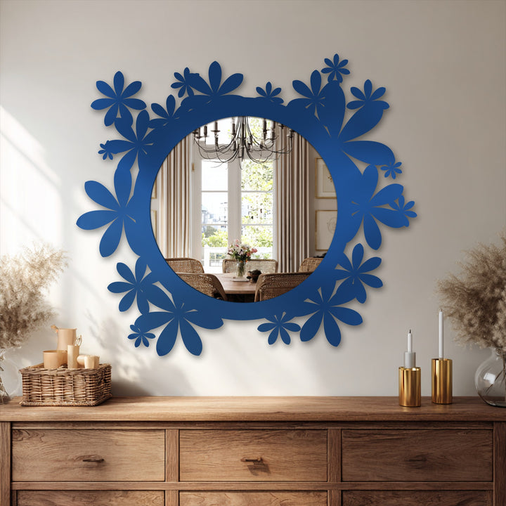 Highlighting the layering effect, the modern wall mirrors capture a bloom halo with overlapping floral details in the decorative floor mirror's design.
