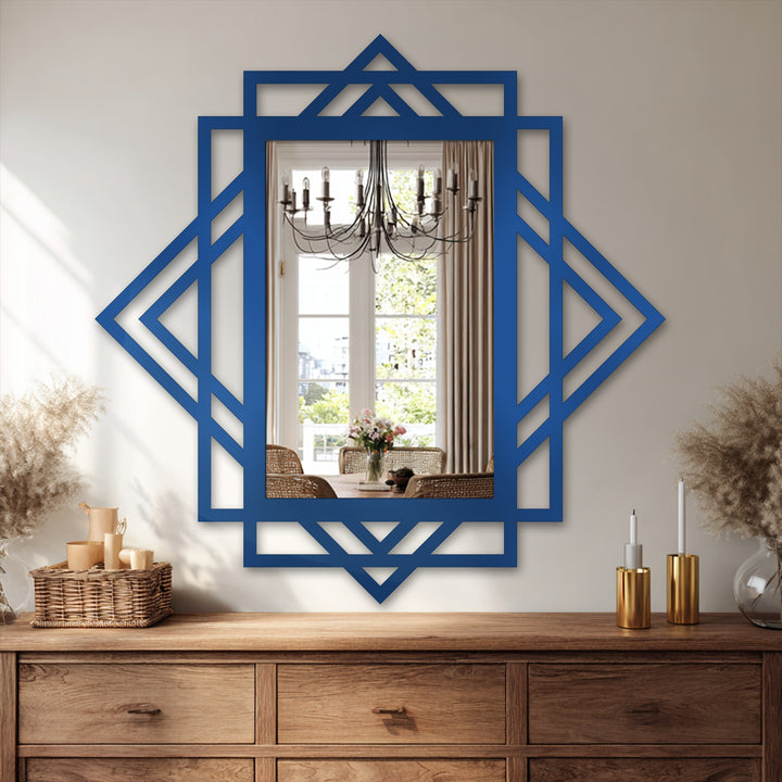 Framed with an eye-catching geometric diamond layered design, the edge of this modern wall mirrors features a bold blue finish, enhancing its architectural appeal.