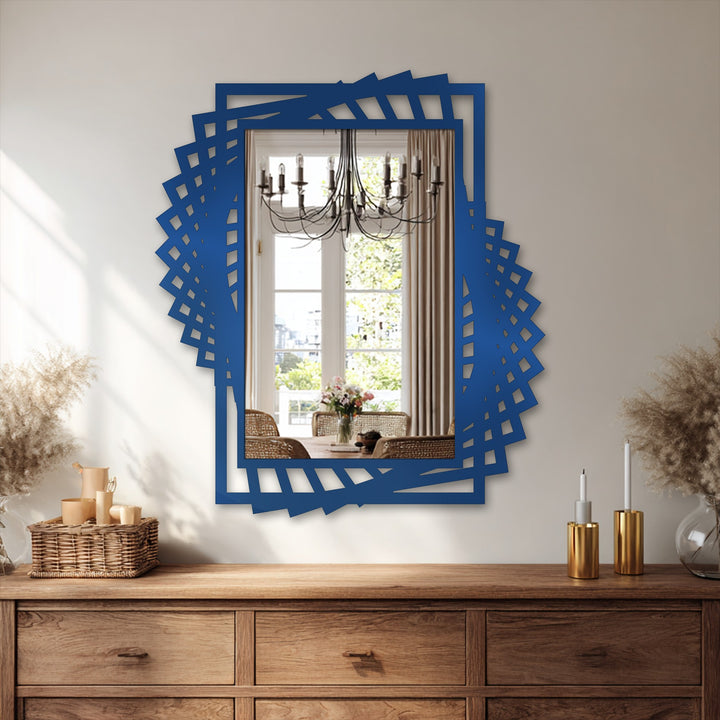Foreground wooden dresser with woven basket and golden candle holders complements the dynamic twist frame decoration wall art of a modern metal floor mirror.