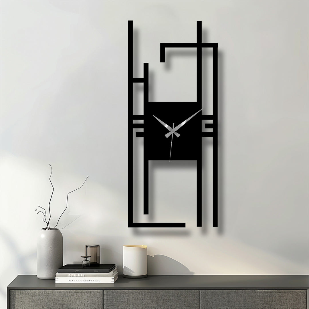 The abstract metal clock's geometric design suggests constant motion, giving the wall a subtle decoration wall art touch.