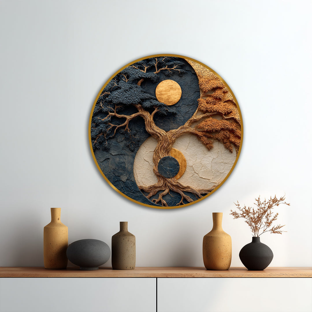 Celestial balance tree's swirling design in this abstract oil painting art prints seems to dynamically shift, emphasizing both sides in tranquil, textural movement.