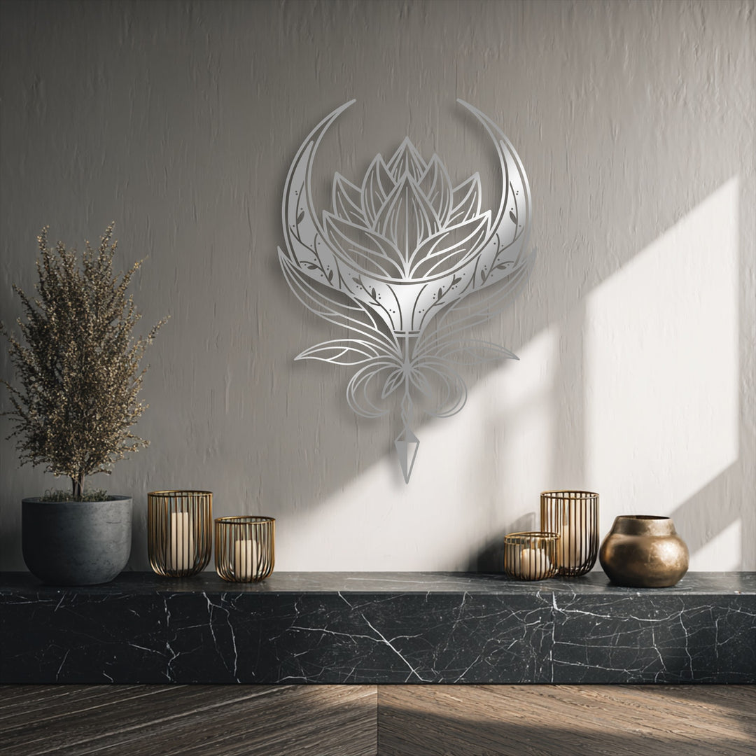 Dynamic light and shadow play across the elegant Celestial Lotus Emblem metal art for wall, highlighting its intricate mandala and flowing curves.