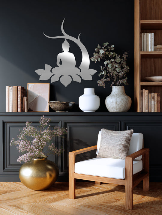 Softly reflecting light, the mirrored silver finish accentuates the meditative silhouette of this lotus Buddha decorative metal art on the wall.