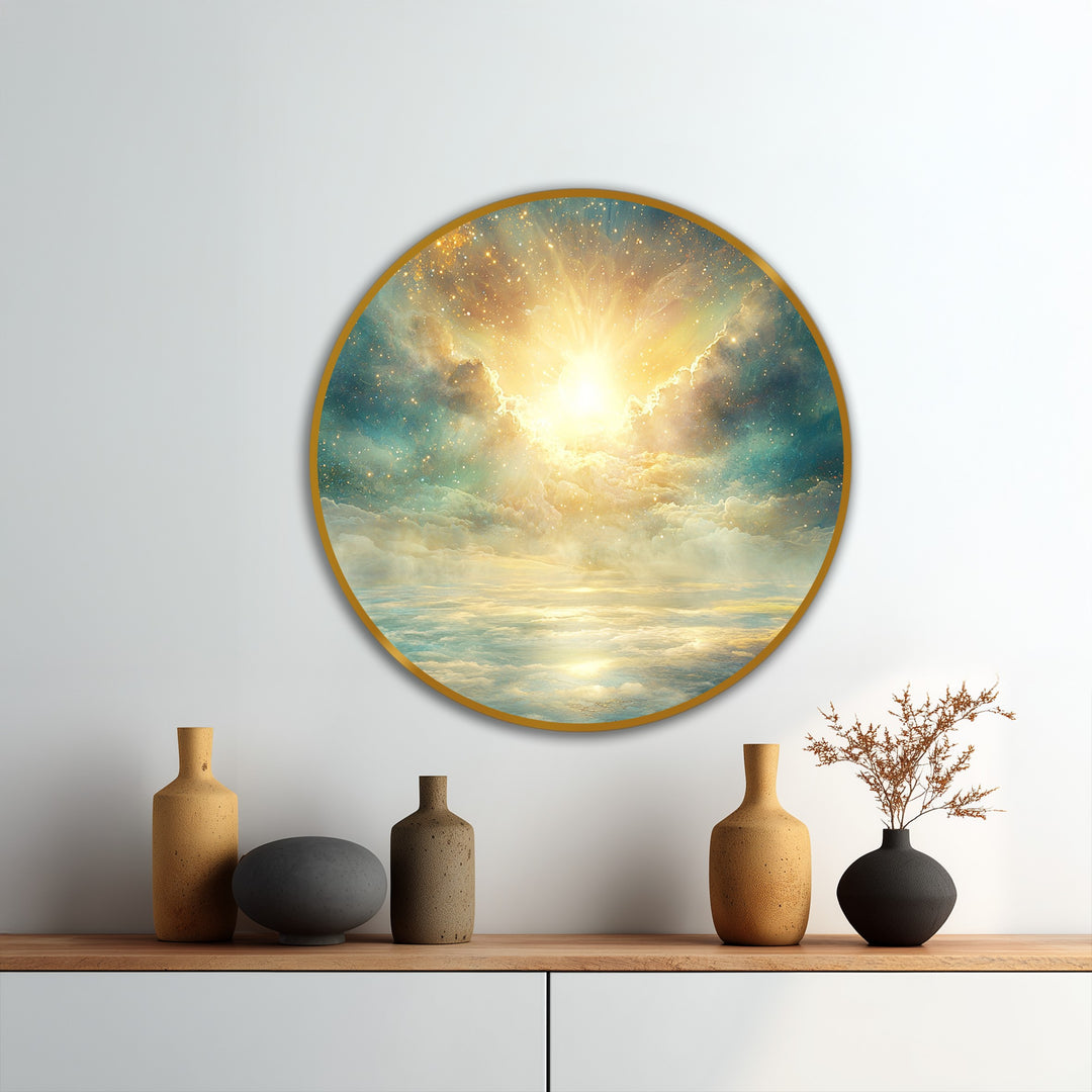 Negative space surrounds the radiant celestial sky in this round oil painting art piece, with the divine light and golden clouds drawing the eye inward.