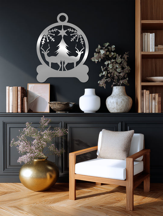 Negative space defines this decorative metal art featuring a reindeer and tree scene within an ornamental circle, creating a winter harmony wall art piece.
