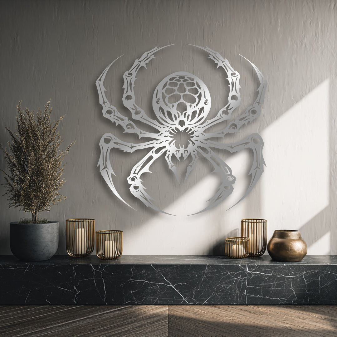 Strong light and distinct shadows accentuate the striking detail of the gothic spider decorative metal art on the textured wall.