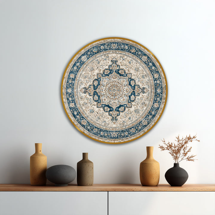 Featuring a golden border, this vintage Persian mandala round oil painting home decor showcases navy and ivory tones within its intricate and decorative design.