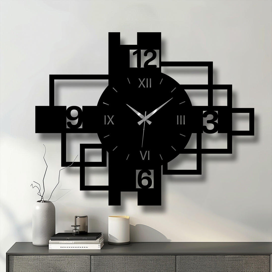 Realistically detailed, the geometric metal art for wall clock features Roman numerals, a square frame, and gold hands in a modern design.