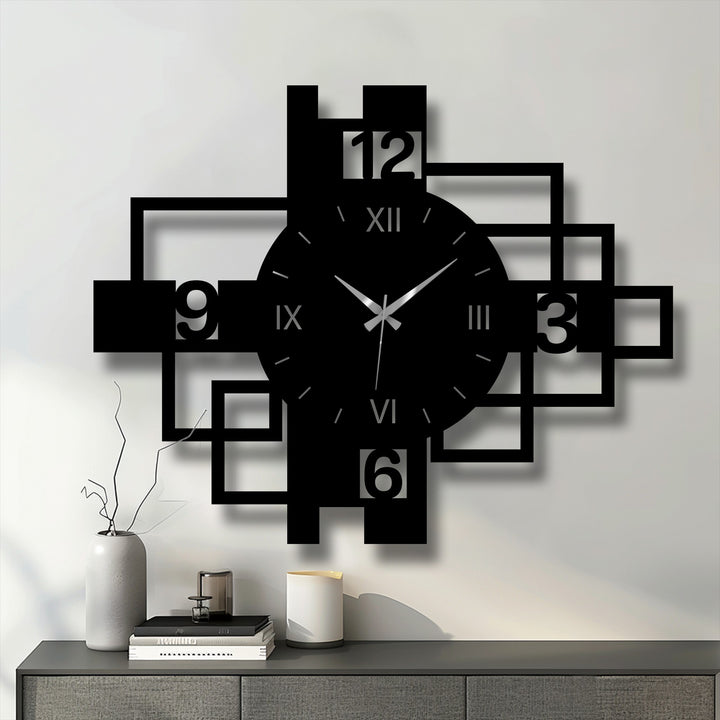 Realistically detailed, the geometric metal art for wall clock features Roman numerals, a square frame, and gold hands in a modern design.