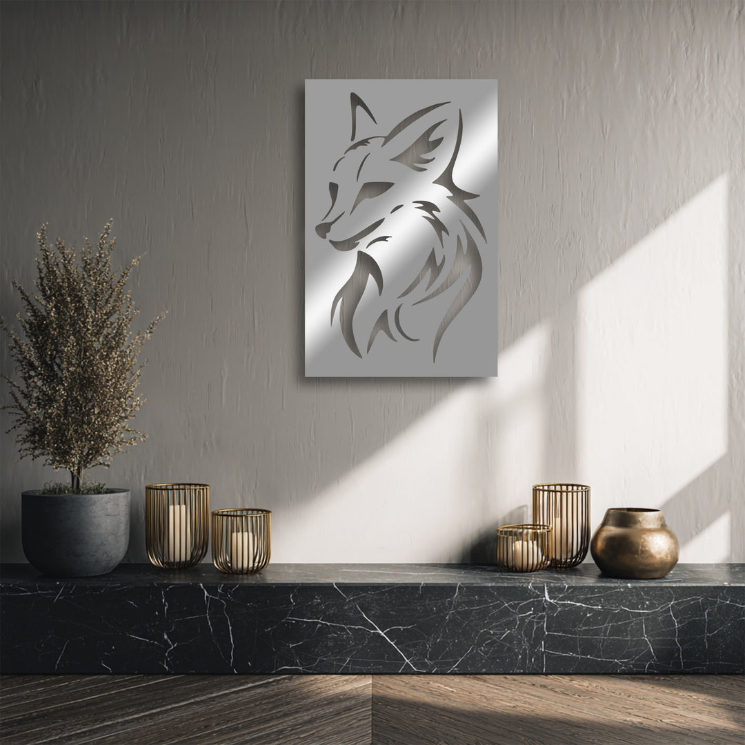 The focal point is the fierce wolf head silhouette, a piece of decorative metal art featuring modern tribal animal decor, reflecting light.