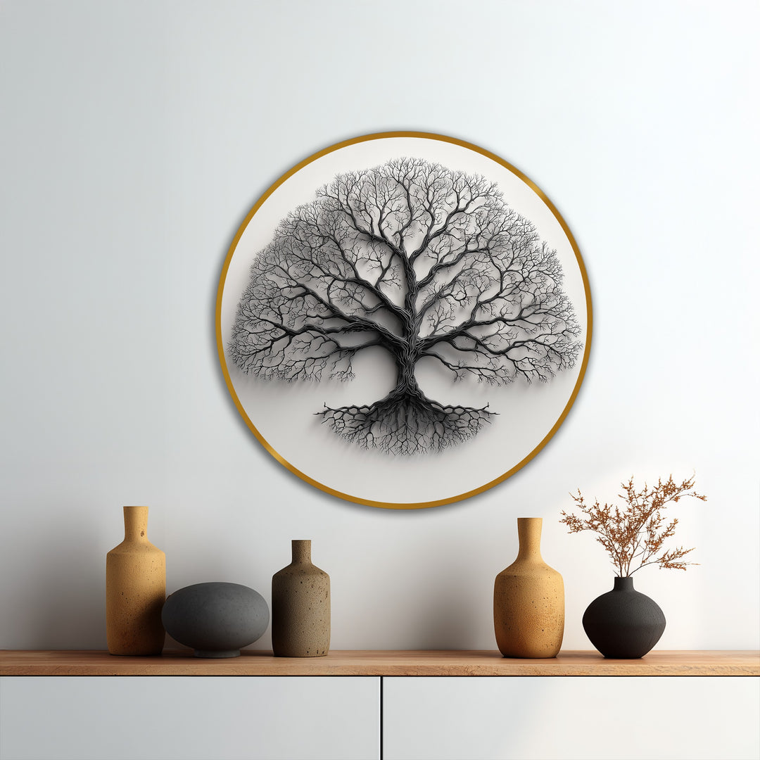 Horizontal and round, this minimalist tree silhouette showcases a striking monochrome oil painting decoration, providing a calming, contemporary touch.