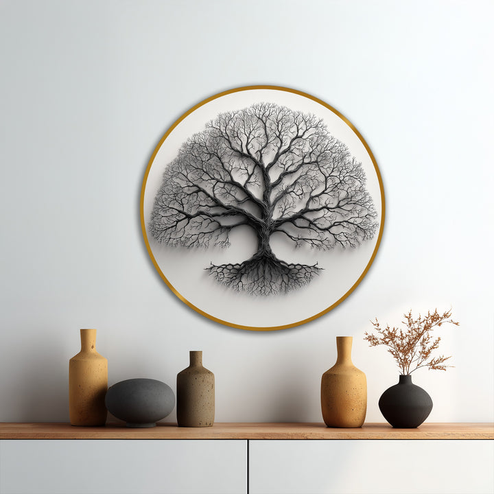Horizontal and round, this minimalist tree silhouette showcases a striking monochrome oil painting decoration, providing a calming, contemporary touch.