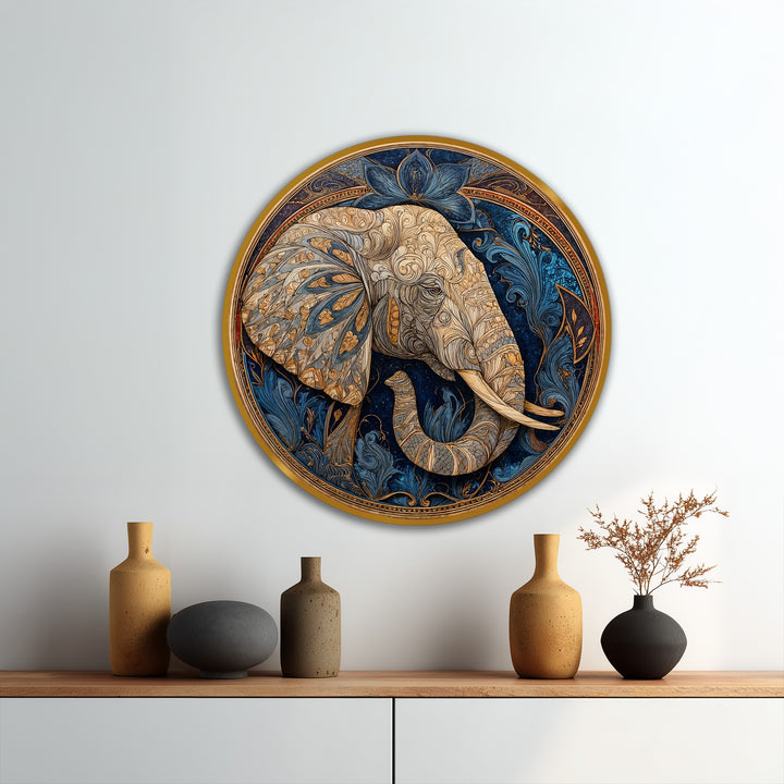 Featuring striking geometric elements, this round oil painting decoration showcases an ornate elephant encircled by a royal lotus design with a gold border.