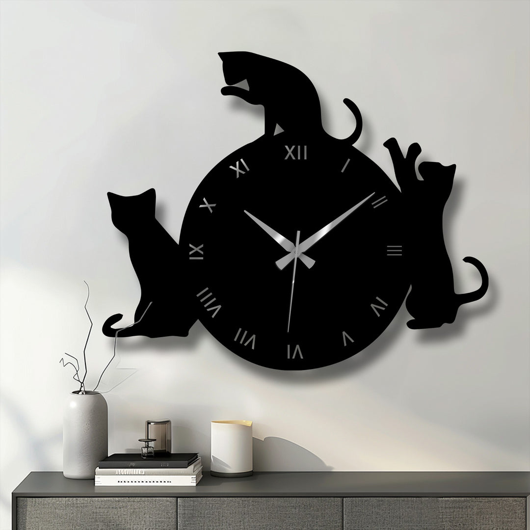 Subtle shadows accentuate the Playful Cat Silhouette Roman Numeral Metal Wall Clock, adding depth to its decoration wall art.
