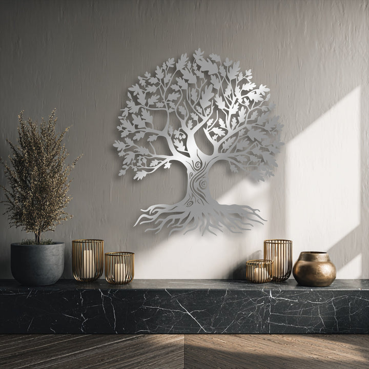 The serene mood of a sophisticated interior is enhanced by an ornate Tree of Life metal decoration wall art.