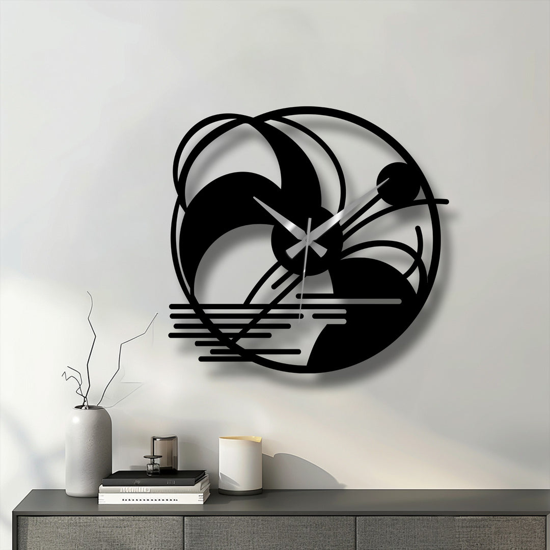 Defined by its artistic edges, this abstract landscape decorative metal art clock features a modern design with distinct borders in a sleek black finish.